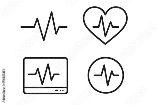 Heartbeat line icon set. Pulse, ECG, EKG heart rate monitor symbol. Vector for cardio, medical, health care concept. Simple outline graphic for web, app, hospital, logo design.