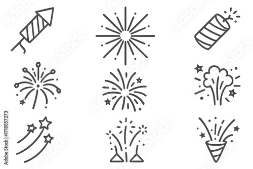 Fireworks line icon set. Celebration, New Year, 4th of July party concept. Firecracker, rocket, sparkler, salute and explosion symbols. Vector outline pictogram collection.