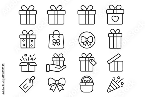 Gift box icon set. Line art collection of presents for birthday, Christmas, and holiday celebration. Includes surprise box, shopping bag, price tag, bow, and party popper icons.