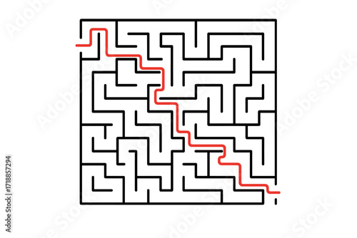 Vector maze with solution path. Labyrinth puzzle game for finding the way out. Metaphor for problem solving, business strategy, challenge, logic, success, and achievement.