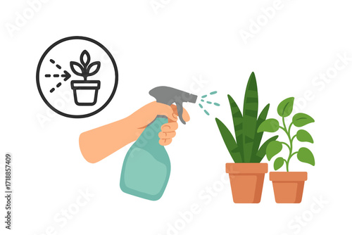 Hand spraying house plants in pots. Indoor gardening concept. Hand holds spray bottle for watering potted flowers. Care of houseplants. Vector illustration with pulverizer icon.