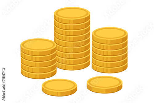 Gold coins stacked in piles. Isometric vector illustration for finance, economy and business concepts. Symbol of wealth, savings, investment, profit, and banking success. Money.