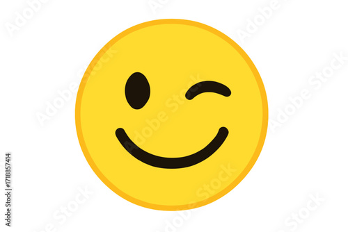 Winking face emoticon. Vector emoji icon. Wink and smile. Happy yellow smiley. Concept of fun, joy, flirting, kidding. Friendly positive emotion. Chat symbol. Cute cartoon.