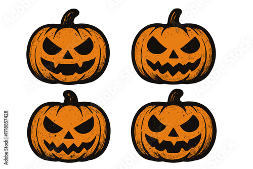Four Halloween jack o lantern pumpkin faces icon set. Spooky evil scary smile. Grunge retro texture style. Cartoon vector illustration for autumn holiday party invitation.