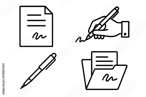 Vector icon set of signing a contract. Hand with pen, signature on legal document, business agreement. Paperwork, application form, treaty, deal, and folder concepts.