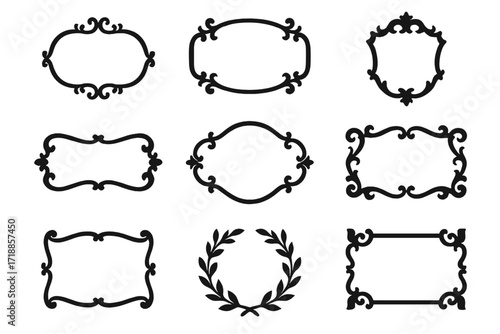 Set of vintage frames. Ornate black decorative borders collection. Classic elegant baroque design elements for wedding invitation, label, or certificate. Laurel wreath silhouette.