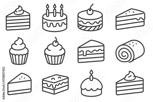 Cake line icon set. Birthday party and bakery dessert symbols. Vector outline collection of sweet food, cupcake, pie slice, pastry for web, app, menu. Editable stroke.