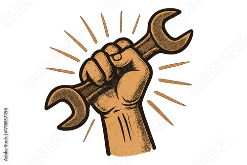 Labour Day vintage poster concept. Hand holding wrench, symbol of work and industry. May 1st, International Workers' Day celebration. Retro protest art, vector illustration.