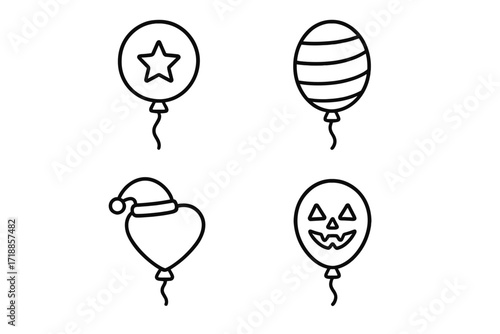 Holiday balloon line icon set. Halloween pumpkin, Christmas Santa hat heart, and birthday star themes. Party celebration vector symbols. Thin line art illustration with editable stroke.