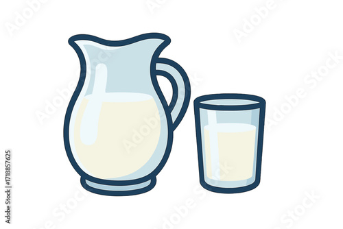 Milk jug and glass. Vector cartoon illustration. Healthy dairy drink for breakfast. Fresh beverage concept for nutrition and diet. Flat design icon isolated on white background.