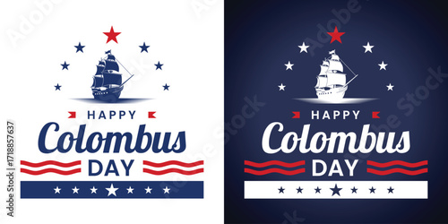 Columbus Day Ship Illustration with Stars and Stripes. A vibrant Columbus Day design featuring a historic ship, red and blue stars, and stripes for a patriotic look