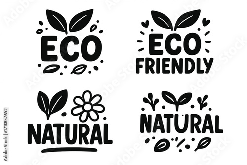 Eco friendly labels set. Natural organic food collection. Hand drawn vector lettering for bio products. Healthy lifestyle badges. Vegan cosmetics logo. Ecology stamp icon.