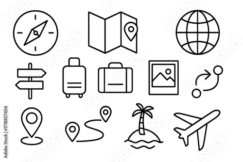 Travel and journey icon set. Thin line icons for tourism, vacation and navigation. Compass, map, airplane, globe, and luggage symbols. Vector outline signs for web, app, ui, ux.