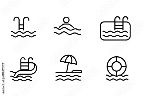 Swimming pool line icon bundle. Minimalist linear pictograms for web, app, banner, card design. Pool ladder, swimmer, water slide, beach umbrella, lifebuoy. Vector illustration.