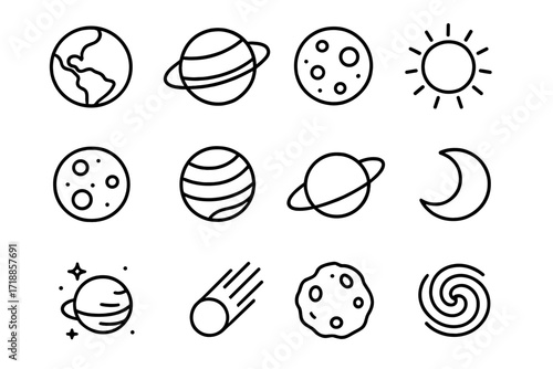 Space line icon set. Planets, solar system, galaxy, sun, moon, earth, saturn, asteroid, comet icons. Astronomy concept. Editable stroke vector for web, apps, ui, ux.