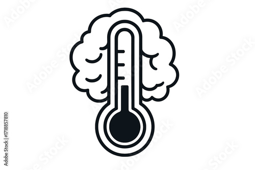 Brain Overheating Thermometer Icon. Conceptual Vector Outline Illustration for Heat Stress, Brain Health, Mental Burnout, Anxiety, Neuroscience. Stock Graphic for Web, App, Print, Card Design