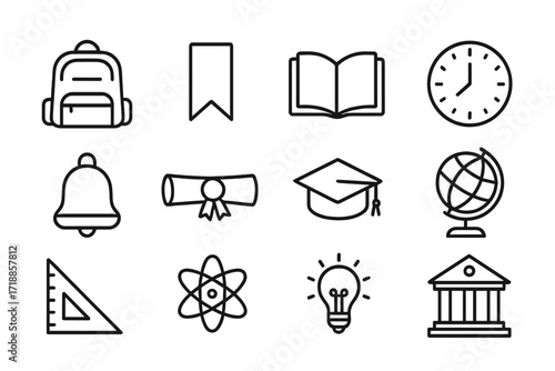 School college university education line icon set for website app print. Vector minimalist outline style backpack bookmark book clock bell diploma graduation globe ruler atom light bulb building.