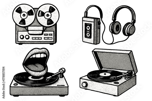 Retro music equipment illustration set. Vintage audio with halftone texture. Reel-to-reel tape recorder, cassette player, headphones, vinyl record player, surreal singing mouth.