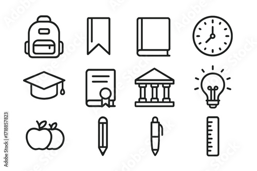 School, college, university educational line icon set collection. Modern vector symbols backpack, bookmark, book, clock. Graduation cap, diploma, campus, lightbulb, apple, pencil, pen, ruler.