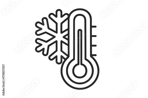 Cold temperature thermometer snowflake icon. Outline linear vector symbol for freezing, winter, refrigeration, air conditioning, cold weather, frost, climate control, cooling, low temperature alert.