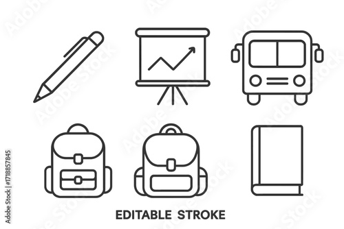 Minimalist linear vector icons set of school pen, presentation board, bus, backpack, book. Editable stroke educational pictograms for apps, banners, posts, card design, digital resources.