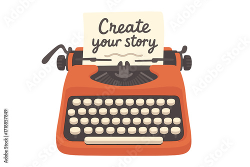 Create your story concept with a vintage typewriter. Metaphor for writing, journalism, and storytelling. Retro author and copywriter equipment. Flat vector cartoon illustration.