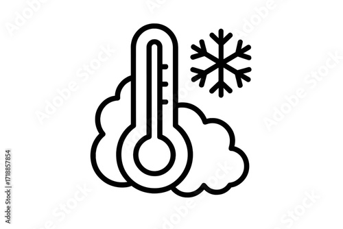 Cold weather temperature thermometer icon, winter forecast symbol with snowflake and cloud, linear outline vector for web, app, climate interface, meteorology, weather report, transparent background