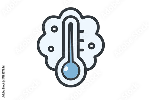 Blue thermometer and snow cloud outlined icon. Winter temperature, cold weather, chill, climate change, freezing alert. Vector cartoon illustration, transparent background, web app graphic resource.