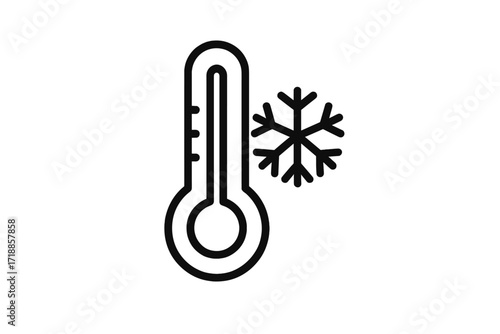 Cold Temperature Thermometer Icon with Snowflake Outline. Linear Vector Symbol for Weather Forecast, Winter, Low Temperature Alert, Climate Control, Web, App, Card, Advertisement Design