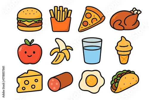 SEO management strategy icons pack. Cartoon vector food symbols set: burger, fries, pizza, chicken, apple, banana, water, ice cream, cheese, sausage, fried egg, taco. Transparent background.