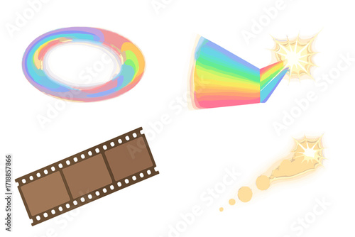 Colorful lens dispersion overlays and crystal rainbow light effects with exposed photographic film strip, bright flares, transparent overlay elements, vector illustration, 16x9 background