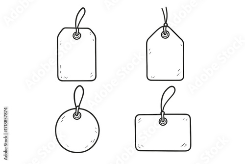Hand drawn blank hanging paper labels and cloth tags set. Price tag, sale label, identification template, retail sticker, circular and rectangular tag collection vector illustration.