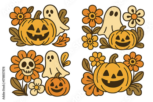 Groovy retro Halloween vector set with hand drawn hippie style flowers, spooky ghosts, jack o’ lantern pumpkins, skull, and autumn leaves for festive vintage banners, posters, cards, decorations