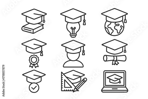 Graduation cap icon set. Academic success, university, and education symbols. Thin line vector icons for diploma, online learning, knowledge, and achievement concepts. Student.