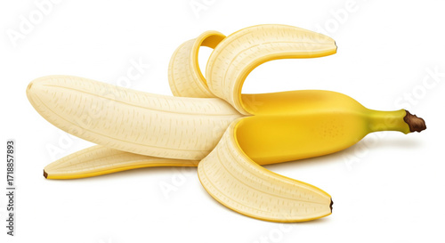 Partially peeled banana with yellow skin revealing the white fruit inside, lying on a white surface.