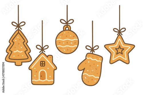 Christmas gingerbread cookie ornament set. Hand drawn festive flat vector icons. Hanging sweet cookies in tree, house, mitten, star, bauble shapes with ropes for holiday decor, logo, symbol.