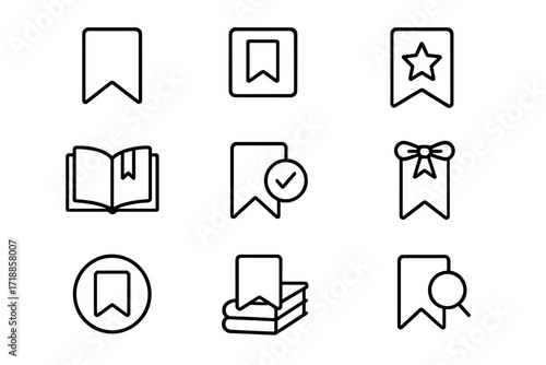 Bookmark line icon collection. Save for later symbol. Vector pack of favorite signs. Reading, library, and marker concepts. Minimalist pictograms for web UI UX. Editable stroke.