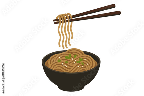 Buckwheat soba noodles in a black bowl with chopsticks holding noodles. Traditional Japanese food concept. Vector illustration of a cooked Asian meal isolated on white.