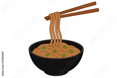 Soba buckwheat noodles in a black bowl with chopsticks. Japanese food concept. Vector illustration of traditional Asian cuisine, ramen soup isolated on white background. Simple flat style.