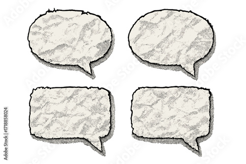 Set of grunge white speech bubbles made from crumpled paper sheets, rugged jagged torn edges, gritty dotted halftone texture, notebook graphic dialog balloons for messages comments comics design