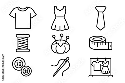 Modern sewing garment icon pack, line style vector collection with t-shirt, dress, tie, measuring tape, buttons, needle, thread spool, pincushion, clothing rack for design use