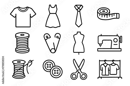 Modern sewing and garment icon pack for design, web, apps, cards. Linear vector images include t-shirt, dress, tie, measuring tape, mannequin, sewing machine, buttons, scissors, rack.
