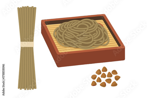 Japanese soba noodle set with raw and boiled buckwheat noodles in classic wooden box, isolated on white background, vector illustration of traditional Japanese food with whole buckwheat grains