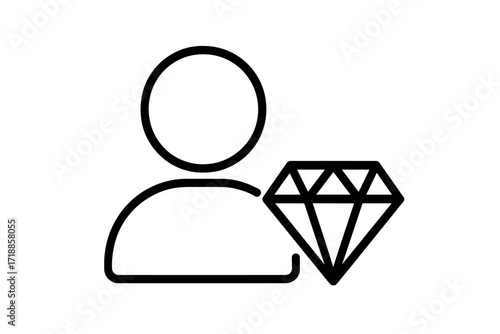 Minimalistic User Profile Icon with Diamond Symbol, Thin Outline Vector Illustration for Web Design, App Interfaces, Social Media, VIP Membership Concept, Premium Account Badge, Black Line Art