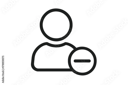 User remove icon outline linear. Remove person symbol. Delete account. Unfollow contact sign. Minimal flat user with minus sign. Vector social media interface. Transparent background isolated graphic.