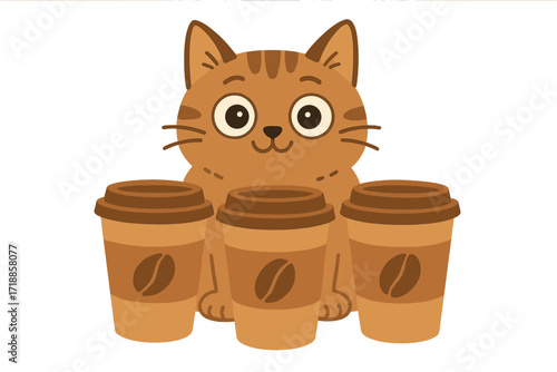 Funny cat character with coffee. Cute kitten with big eyes wide awake from caffeine. Concept coffee addiction, morning energy boost, coffee break. Vector flat illustration.