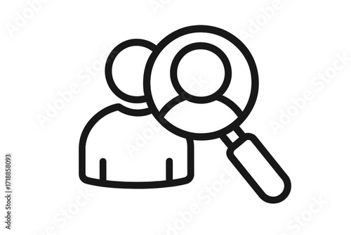 User search, magnifying glass, modern outline vector icon. Human profile under zoom. Find person, user identification, recruiter tool. Minimalist design for apps, cards, UI, business concept.