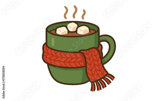 Hot chocolate in a green mug with a red knitted scarf. Cozy winter concept with marshmallows. Vector illustration for Christmas, holidays. Hot cocoa drink for a cold day.