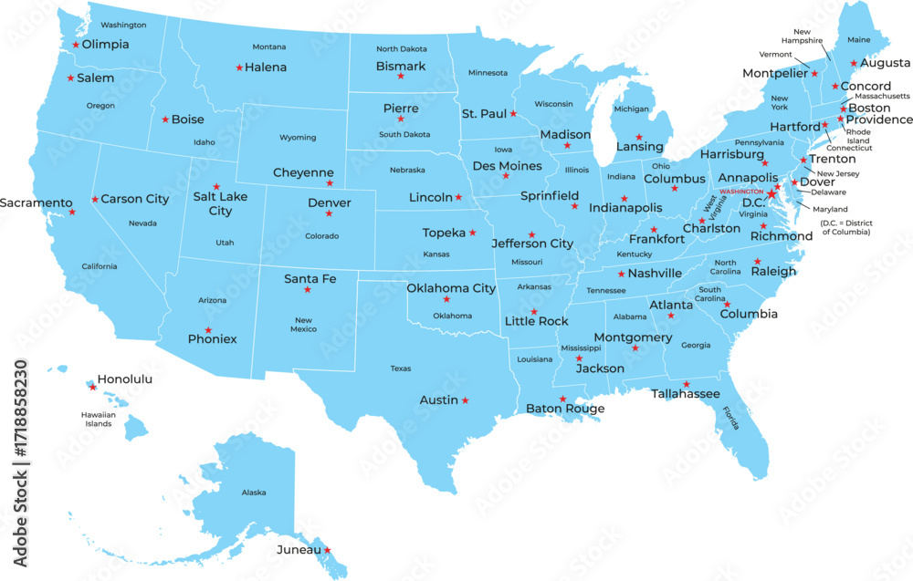 Obraz premium Map of united states of america with states and capital cities. vector illustrator.