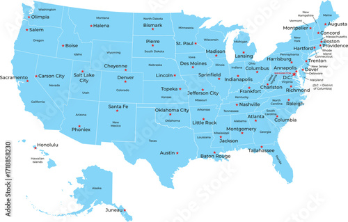 Map of united states of america with states and capital cities. vector illustrator.